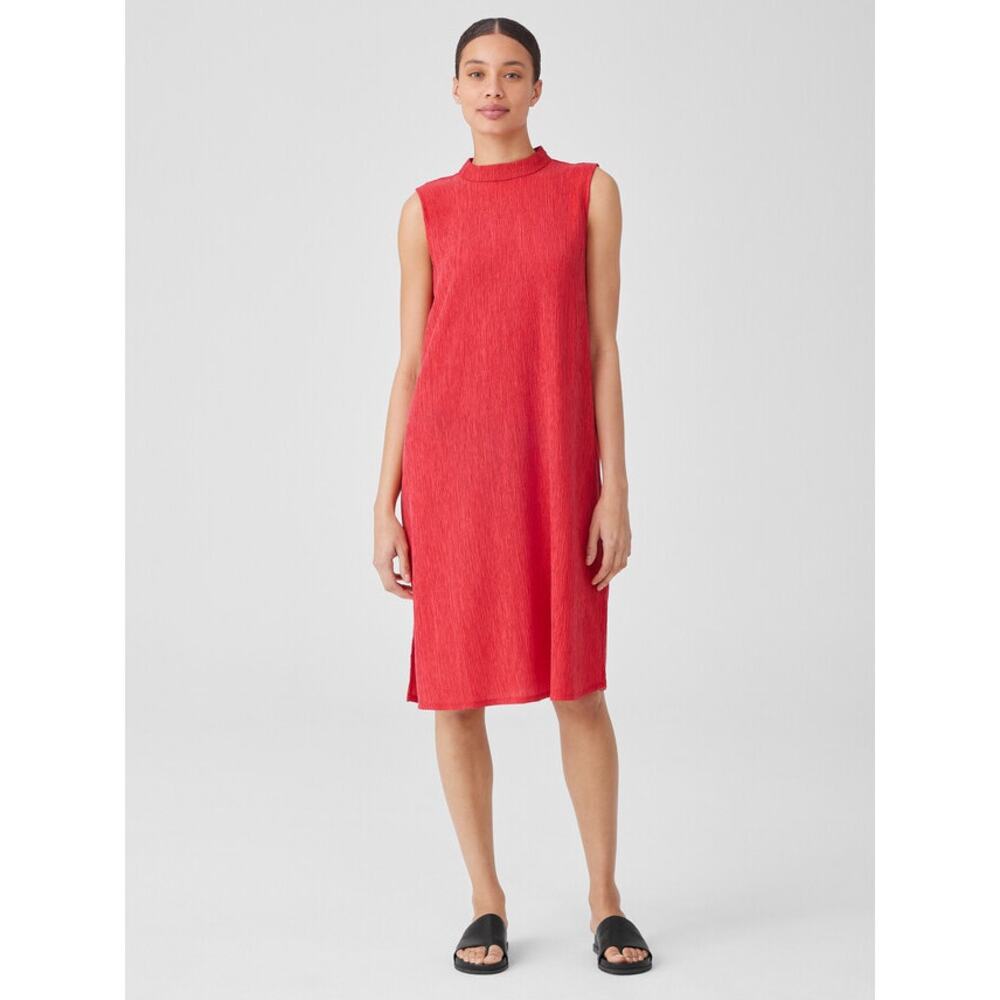 Eileen Fisher Woven Plissé Mock Neck Dress XL Red Orange EUC ElevatedBasics